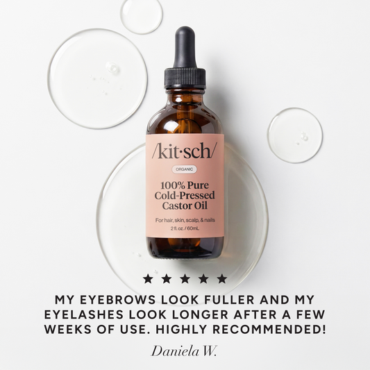 KITSCH 100% Pure Castor Oil — 5-star customer review graphic — USDA organic, hexane-free formula cold-pressed to maintain its rich source of antioxidants — may help promote fuller-looking hair, longer-looking lashes, thicker-looking brows