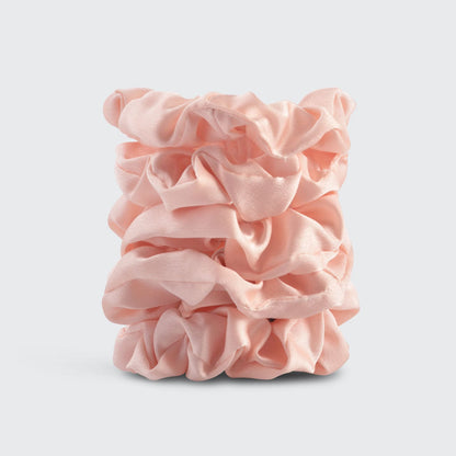 KITSCH Satin Sleep Scrunchies in Blush — flat lay of blush pink satin sleep scrunchies — eco-friendly OEKO-TEX® certified satin for overnight wear
