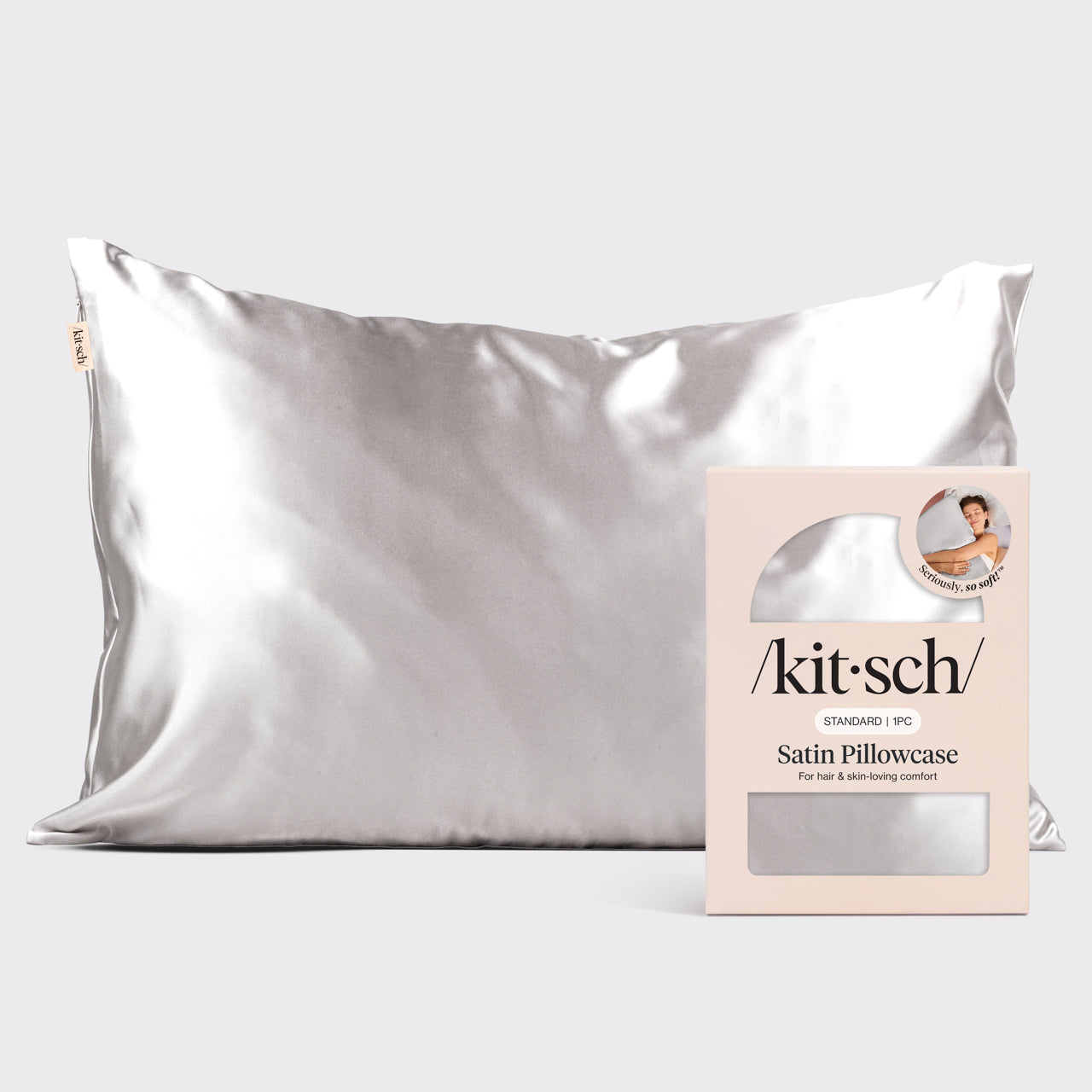Kitsch Satin Pillowcase in Silver – standard-size silver satin pillowcase on a clean neutral background