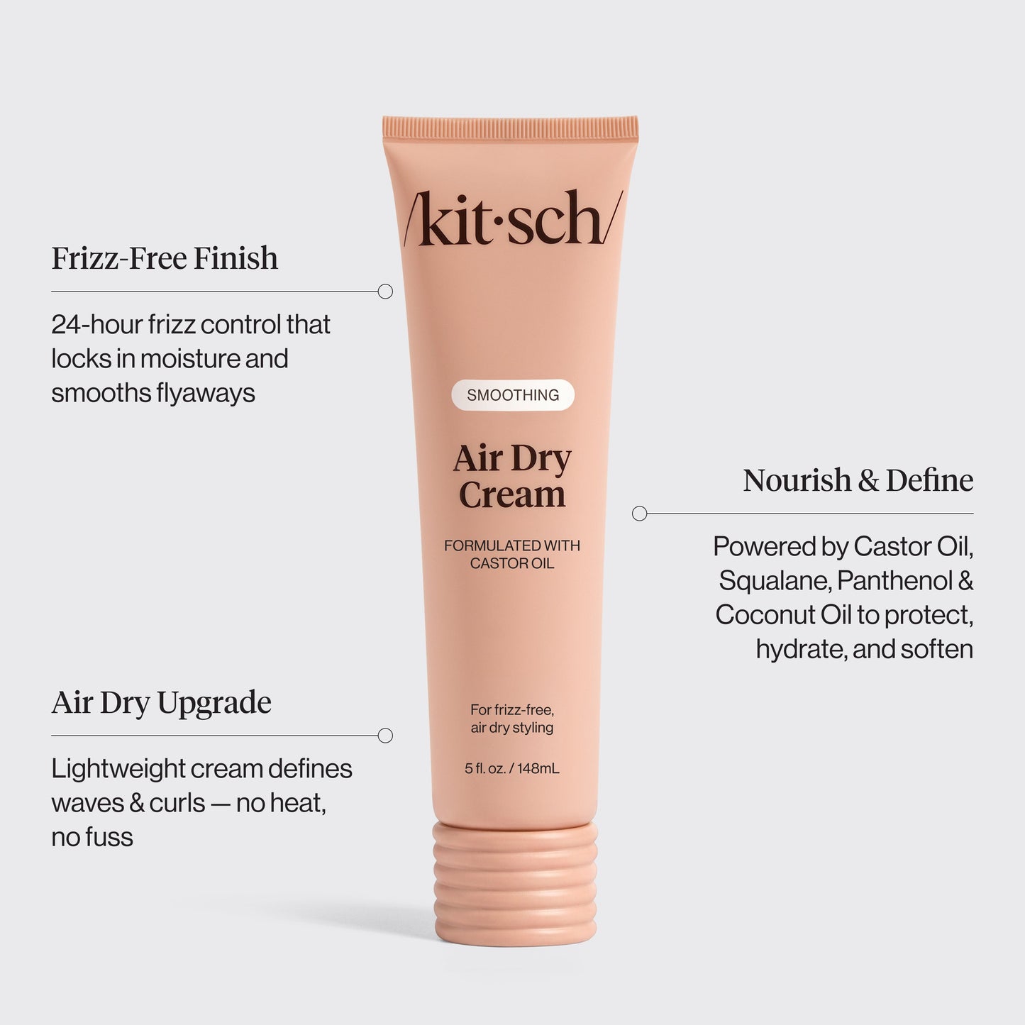 KITSCH Smoothing Air Dry Cream — ingredient-focused detail shot — Infused with Castor Oil, Squalane, Panthenol & Coconut Oil to nourish, hydrate, and protect — sheer, non-greasy formula won't weigh hair down