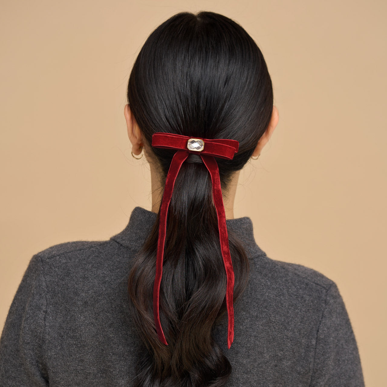 KITSCH Velvet Gemstone Bow Hair Clip Red — model hair shot