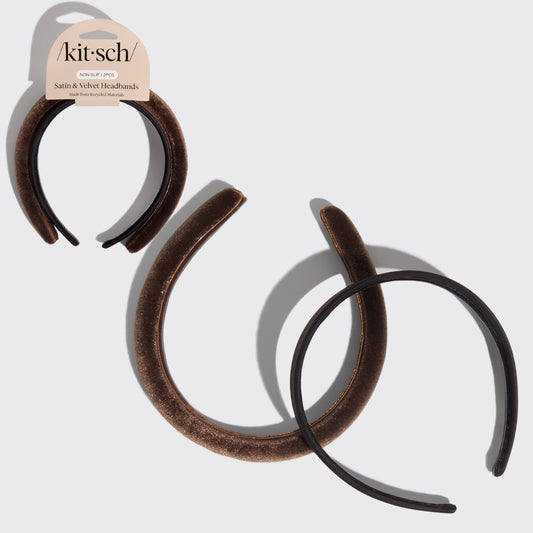KITSCH Black & Chocolate Satin & Velvet Headbands — hero product shot of satin and velvet headband duo in black and chocolate — 2-piece set in chic neutral tones