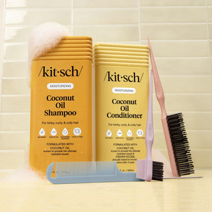 KITSCH Moisturizing Coconut Oil Shampoo & Conditioner Combo with detangling comb and styling brush on tiled background