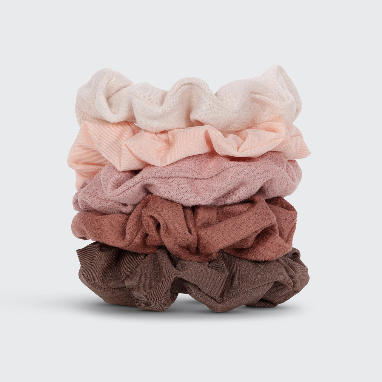 KITSCH Assorted Textured Scrunchies 5pc Set in Terracotta — product flat lay showing all 5 terracotta scrunchies — earth-toned mix for warm seasonal looks