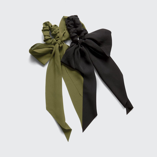 KITSCH Crepe Scarf Scrunchies in Moss — product flat lay of 2-piece moss green crepe scarf scrunchies — textured crepe fabric with chic scarf tail adds dimension to ponytails