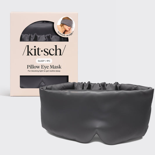 Kitsch Charcoal Satin Pillow Eye Mask lying flat showing padded design and ruched elastic band