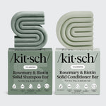 KITSCH Volumizing Rosemary & Biotin Solid Shampoo Bar 3.2oz & Conditioner Bar 2.7oz Combo on light gray background — both bars labeled VOLUMIZING, For fine, limp, & delicate hair — icons: Bio-Based, Made in USA, Sustainably Sourced, 100 Washes, Cruelty-Free — bottle-free solid bar set for fine, limp, and delicate hair