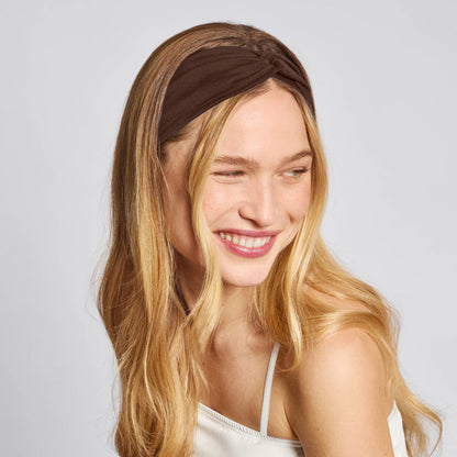 KITSCH Rosewood Wide Twist Headbands 2pc Set — model wearing rosewood wide twist headband, hair tucked back neatly — comfortable non-slip fit