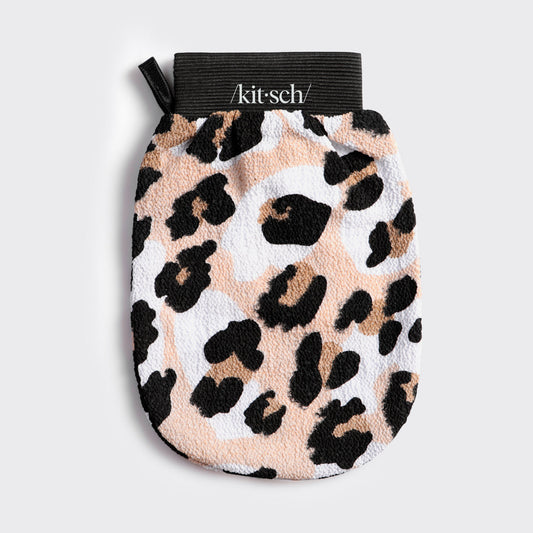 Model wearing Leopard Exfoliating Glove on hand showing fit