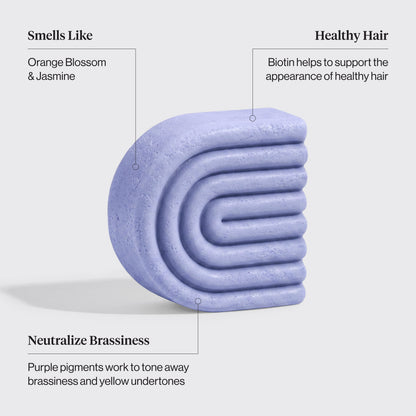 Kitsch Purple Toning + Biotin Solid Conditioner Bar highlighting orange blossom scent, jasmine, biotin, and purple toning pigments.