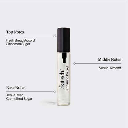 KITSCH Movie Theater Hair Perfume Trio Set — Cinnamon Pretzel scent infographic — Smells Like: fresh bread, vanilla & caramelized sugar — Warm, gourmand & cozy fragrance — Smell like a snack — Patented technology eliminates odors at the source — A quick way to refresh your hair between washes